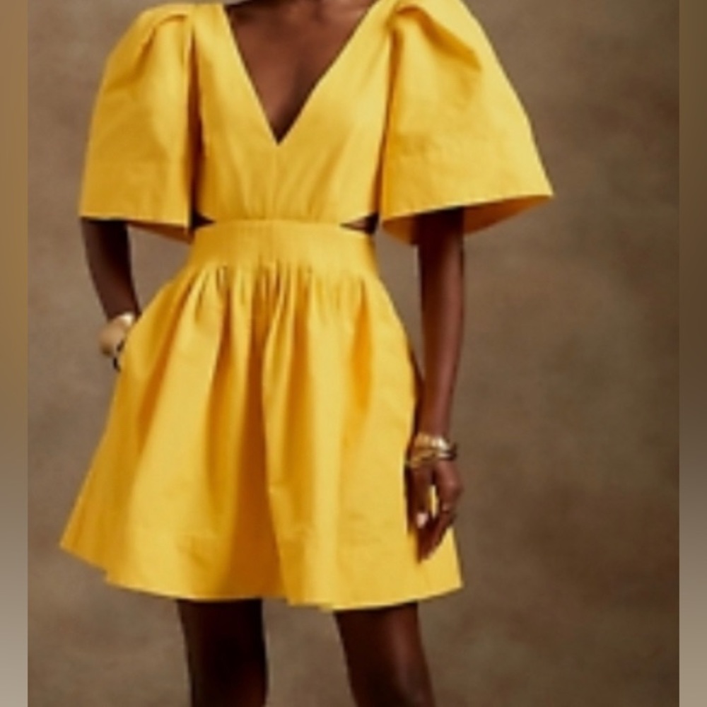 Banana Republic Size 0 Cutout Oversized Puff Sleeve Mini Dress Canary Yellow